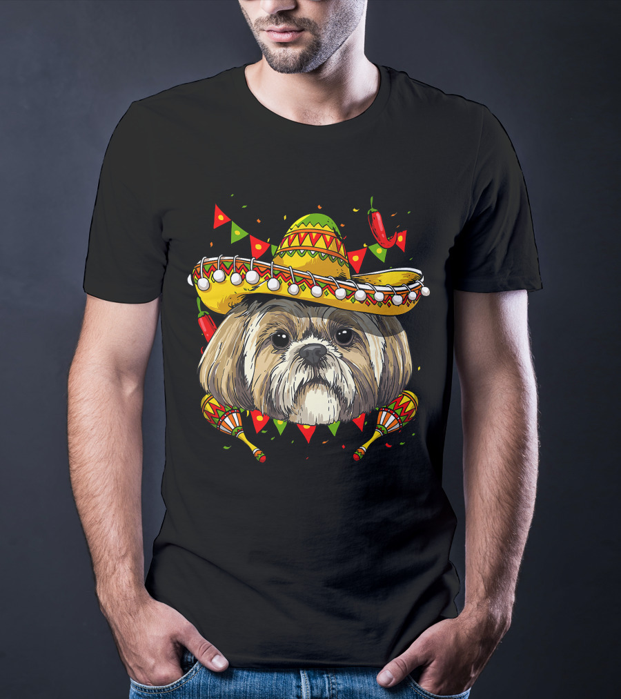 Cinco De Mayo Shih Tzu Sombrero Men Women Kids Festive Dog Maracas Fiesta T-Shirt