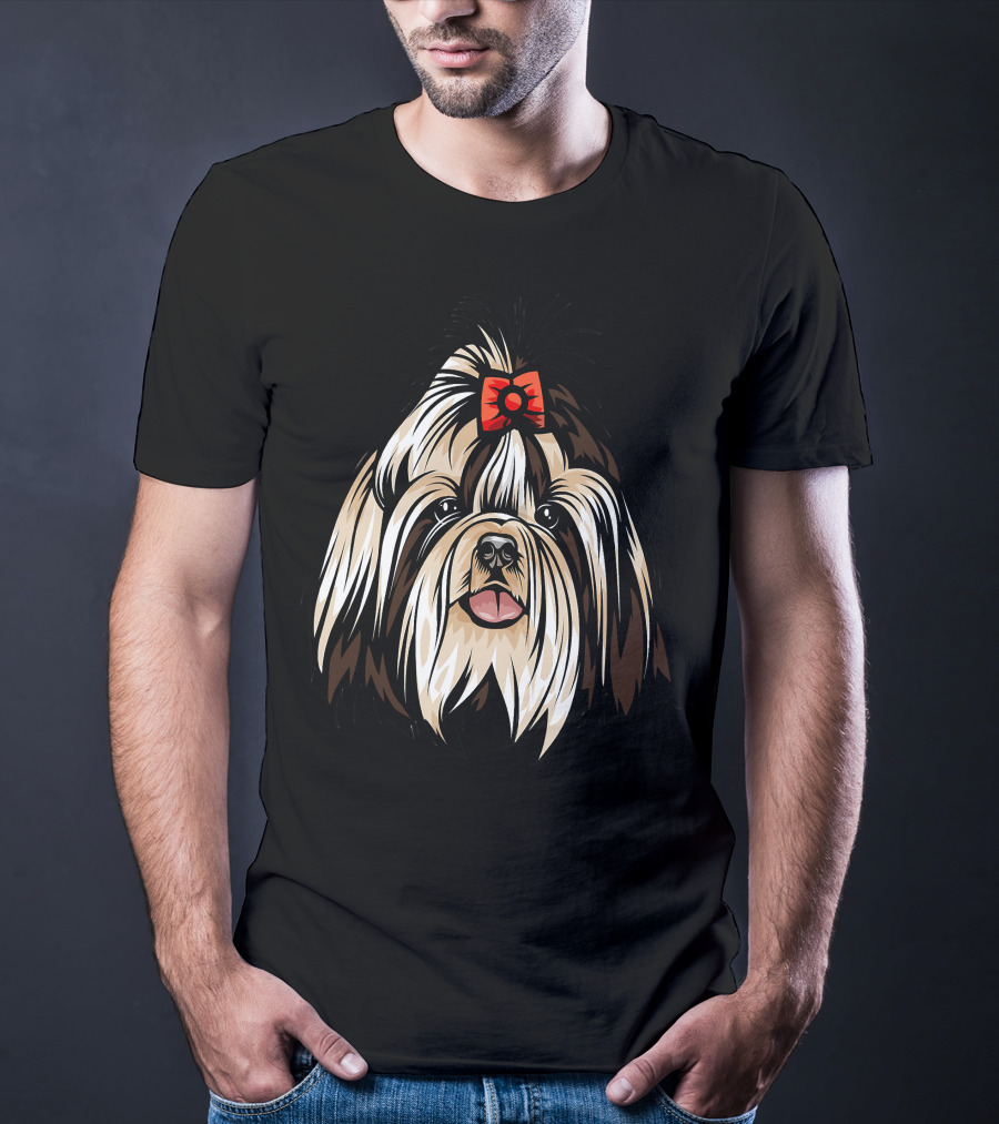 Cool Shih Tzu Face Red Bow Detailed T-Shirt