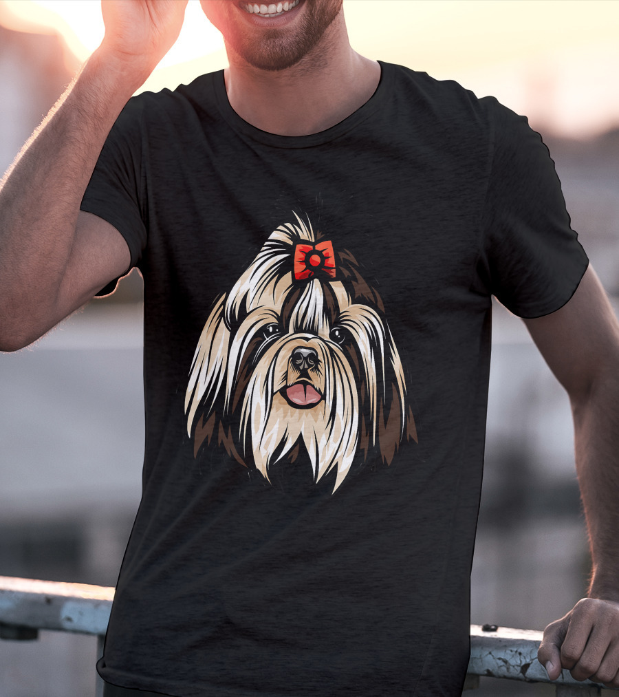 Cool Shih Tzu Face Red Bow Detailed T-Shirt