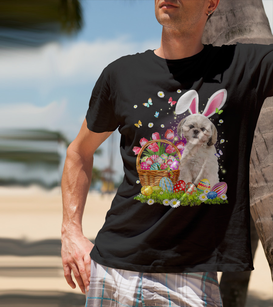 Shih Tzu Bunny Ears With Easter Eggs And Flower Basket T-Shirt