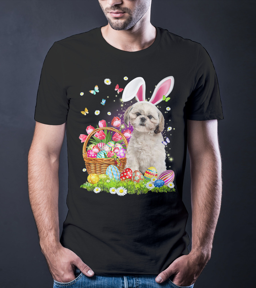 Shih Tzu Bunny Ears With Easter Eggs And Flower Basket T-Shirt