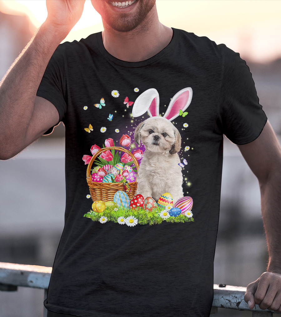 Shih Tzu Bunny Ears With Easter Eggs And Flower Basket T-Shirt
