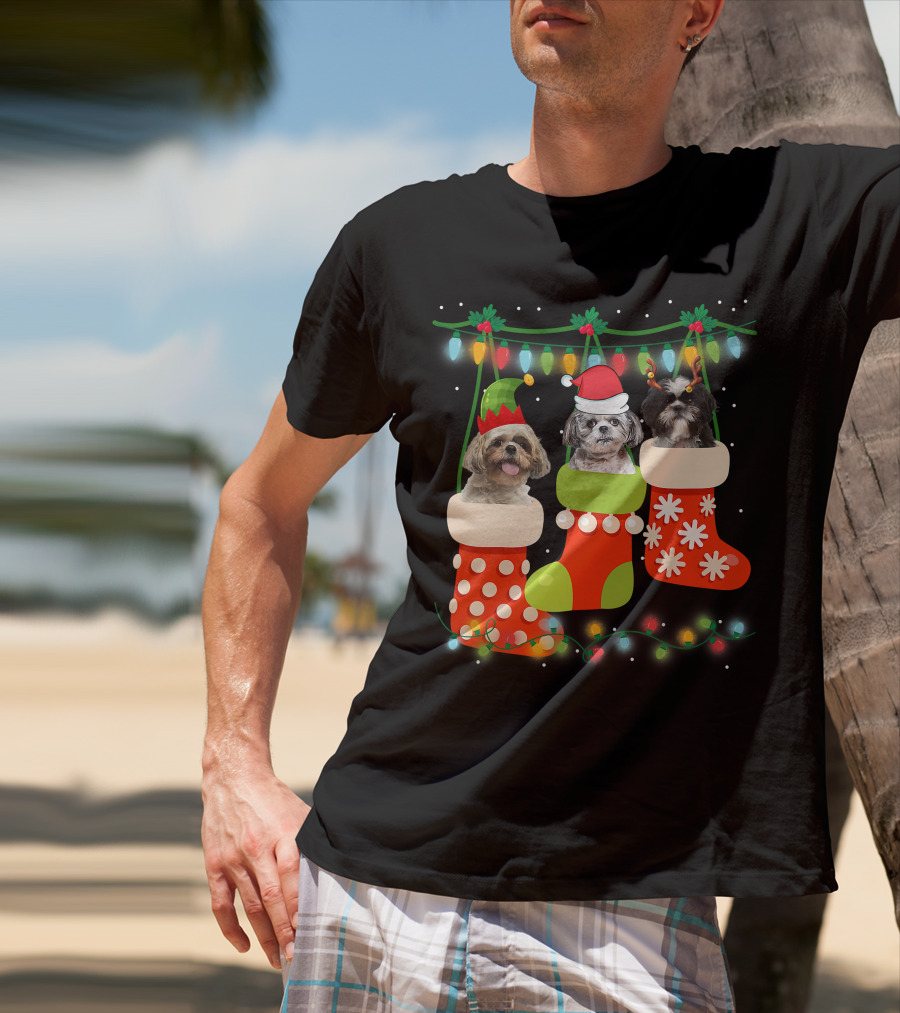 Cute Christmas Shih Tzu In Sock With Santa Hat Reindeer Antlers And Elf Hat T-Shirt