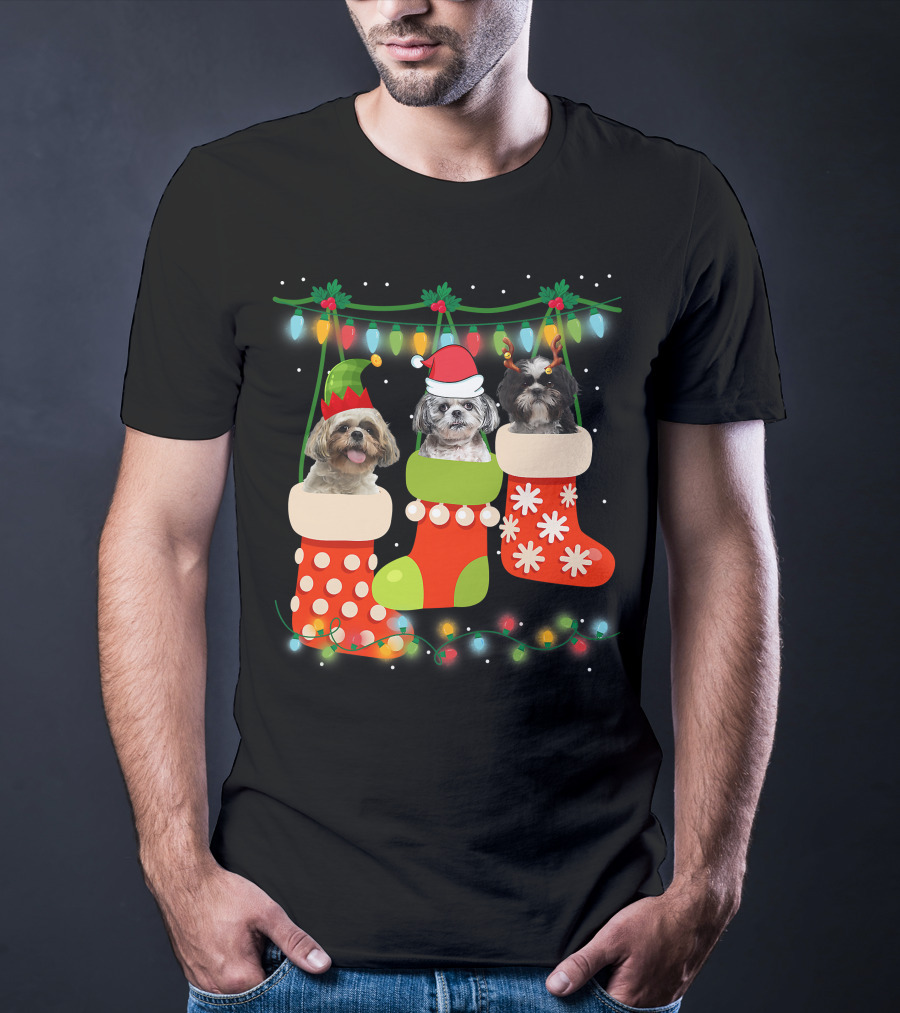 Cute Christmas Shih Tzu In Sock With Santa Hat Reindeer Antlers And Elf Hat T-Shirt