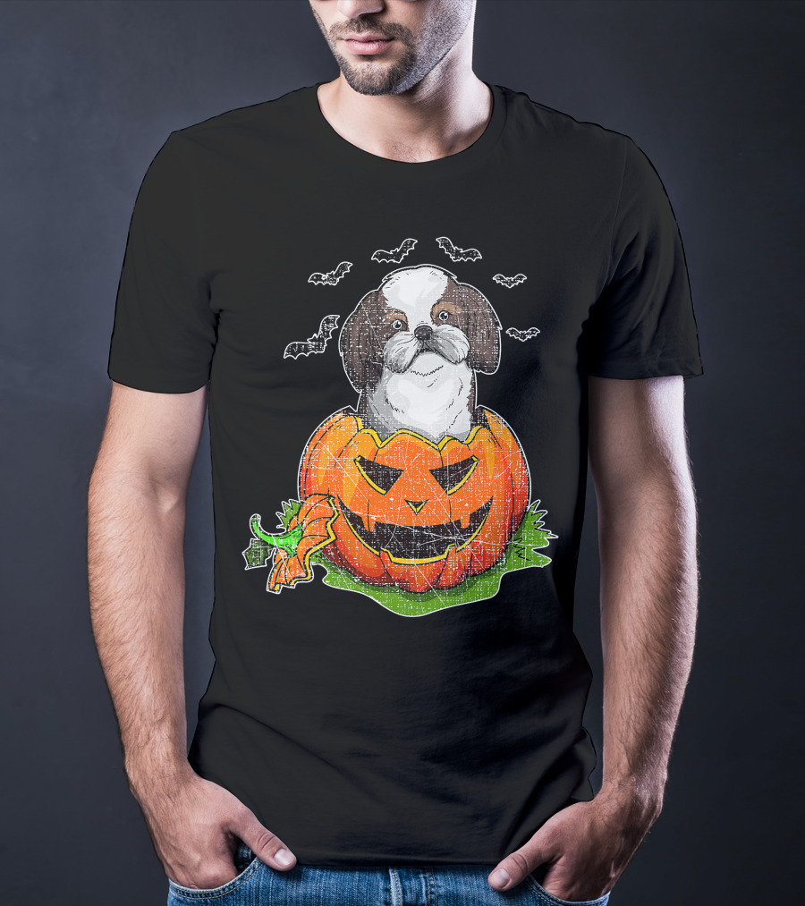Cute Shih Tzu In Halloween Pumpkin With Bats T-Shirt