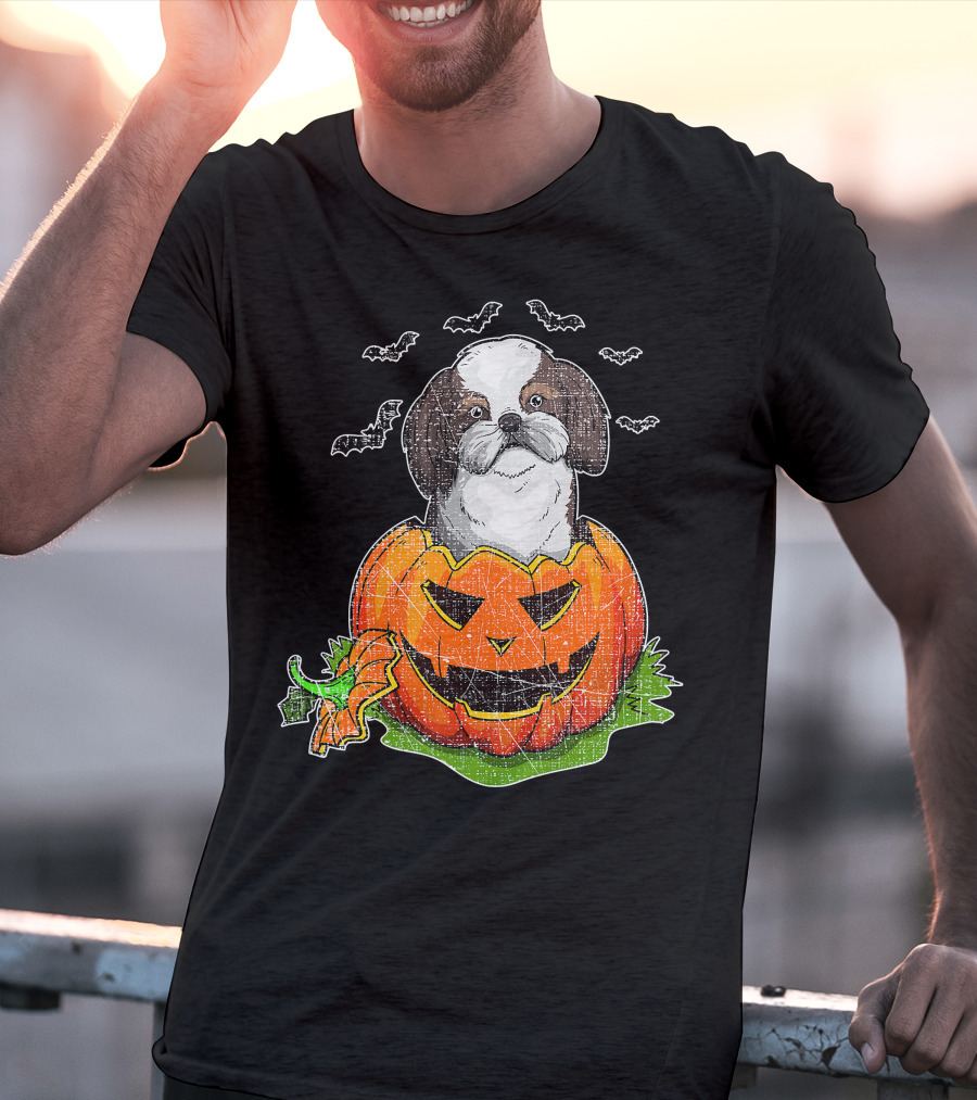 Cute Shih Tzu In Halloween Pumpkin With Bats T-Shirt