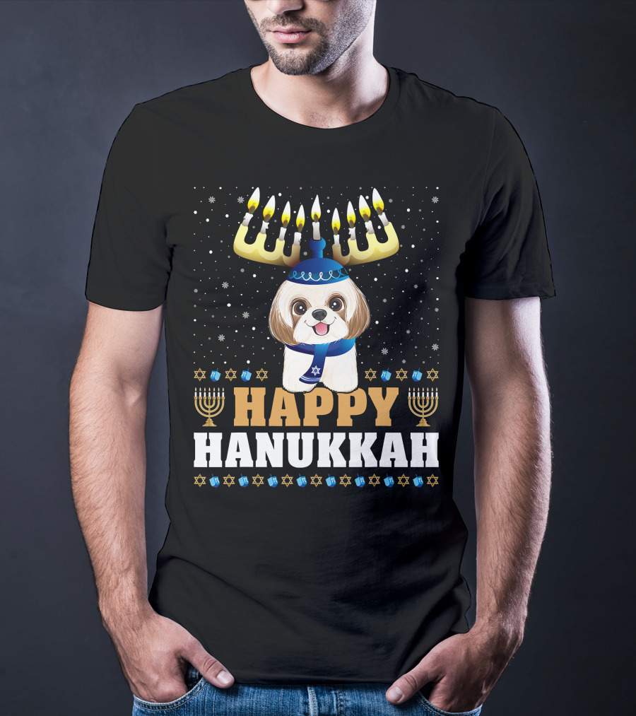 Cute Menorah Chanukah Funny Shih Tzu Happy Hanukkah T-Shirt