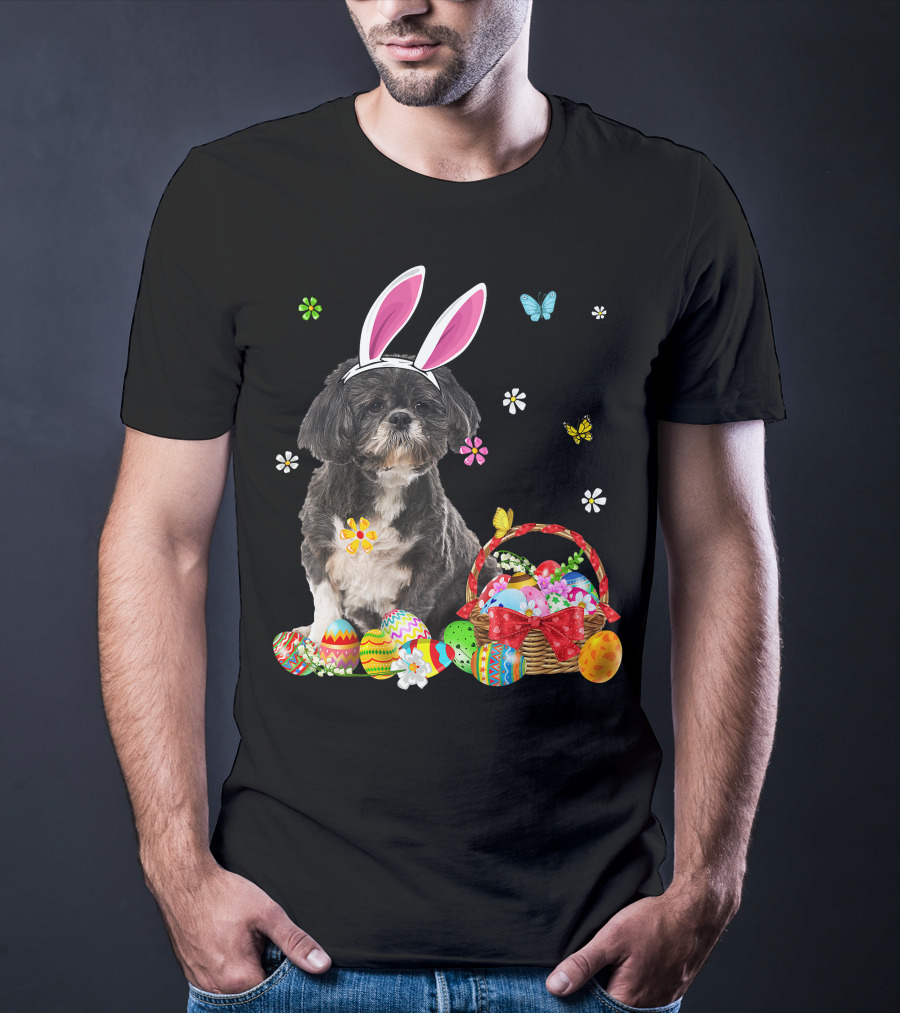 Shih Tzu Happy Easter Dog Lover Bunny Ears And Easter Egg Basket T-Shirt