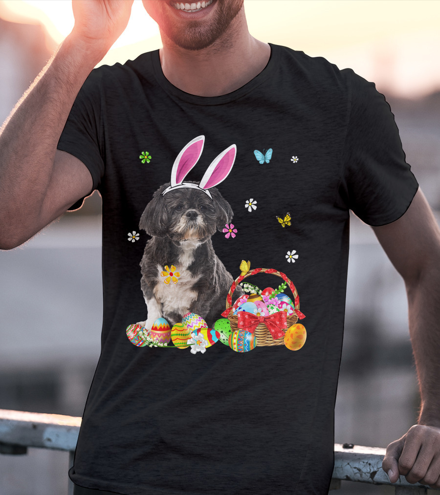Shih Tzu Happy Easter Dog Lover Bunny Ears And Easter Egg Basket T-Shirt