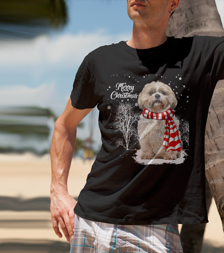 Shih Tzu Christmas Puppy Dog Lover Family Mat With Festive Scarf Snowflakes And Winter Trees T-Shirt