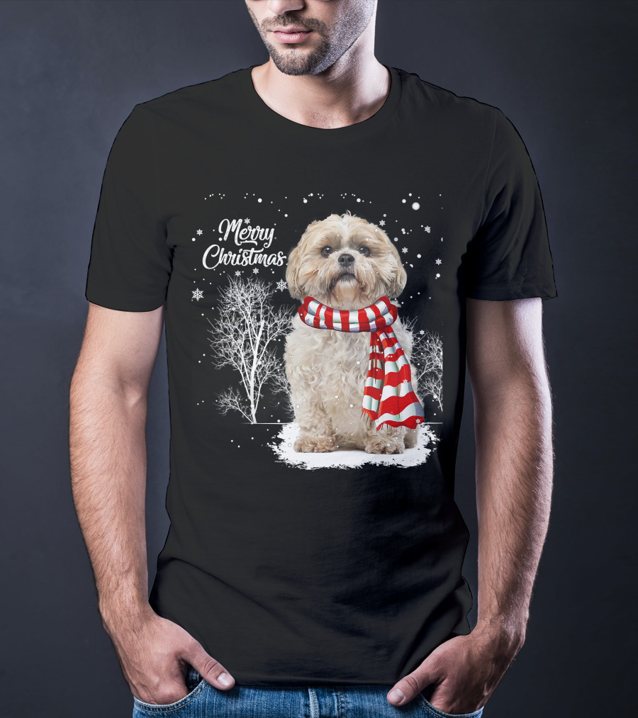 Shih Tzu Christmas Puppy Dog Lover Family Mat With Festive Scarf Snowflakes And Winter Trees T-Shirt