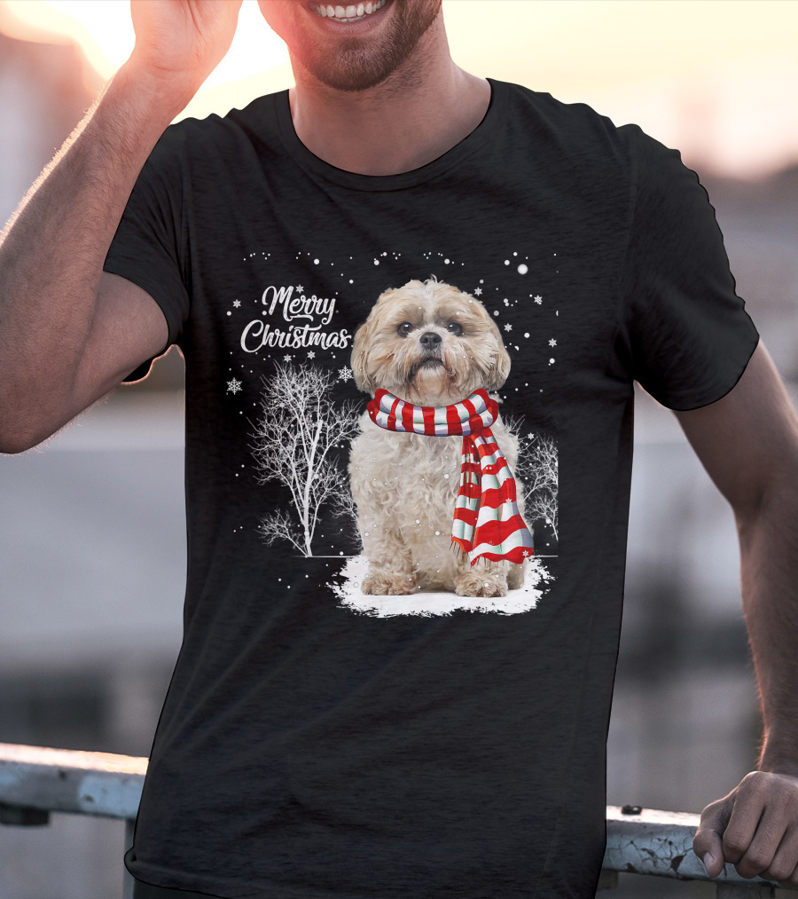 Shih Tzu Christmas Puppy Dog Lover Family Mat With Festive Scarf Snowflakes And Winter Trees T-Shirt