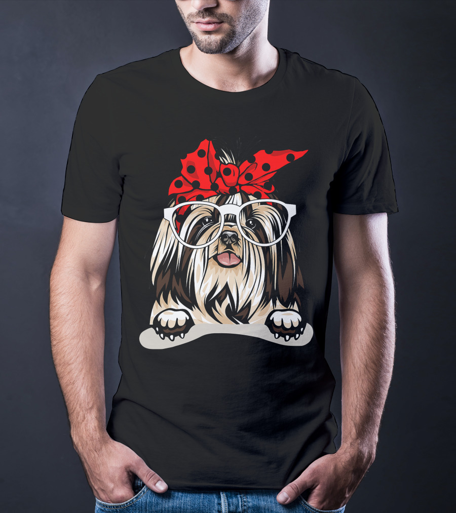 Shih Tzu Christmas Red Plaid Headband Glasses T-Shirt