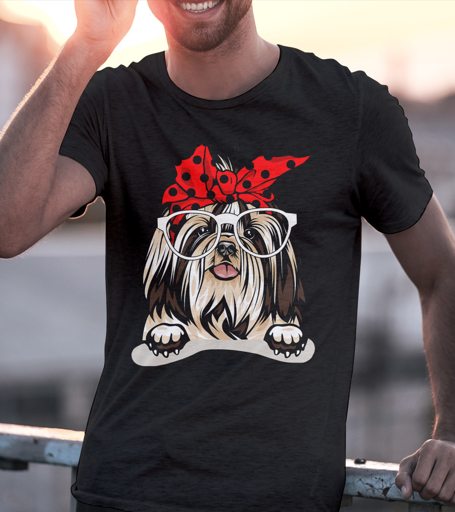 Shih Tzu Christmas Red Plaid Headband Glasses T-Shirt