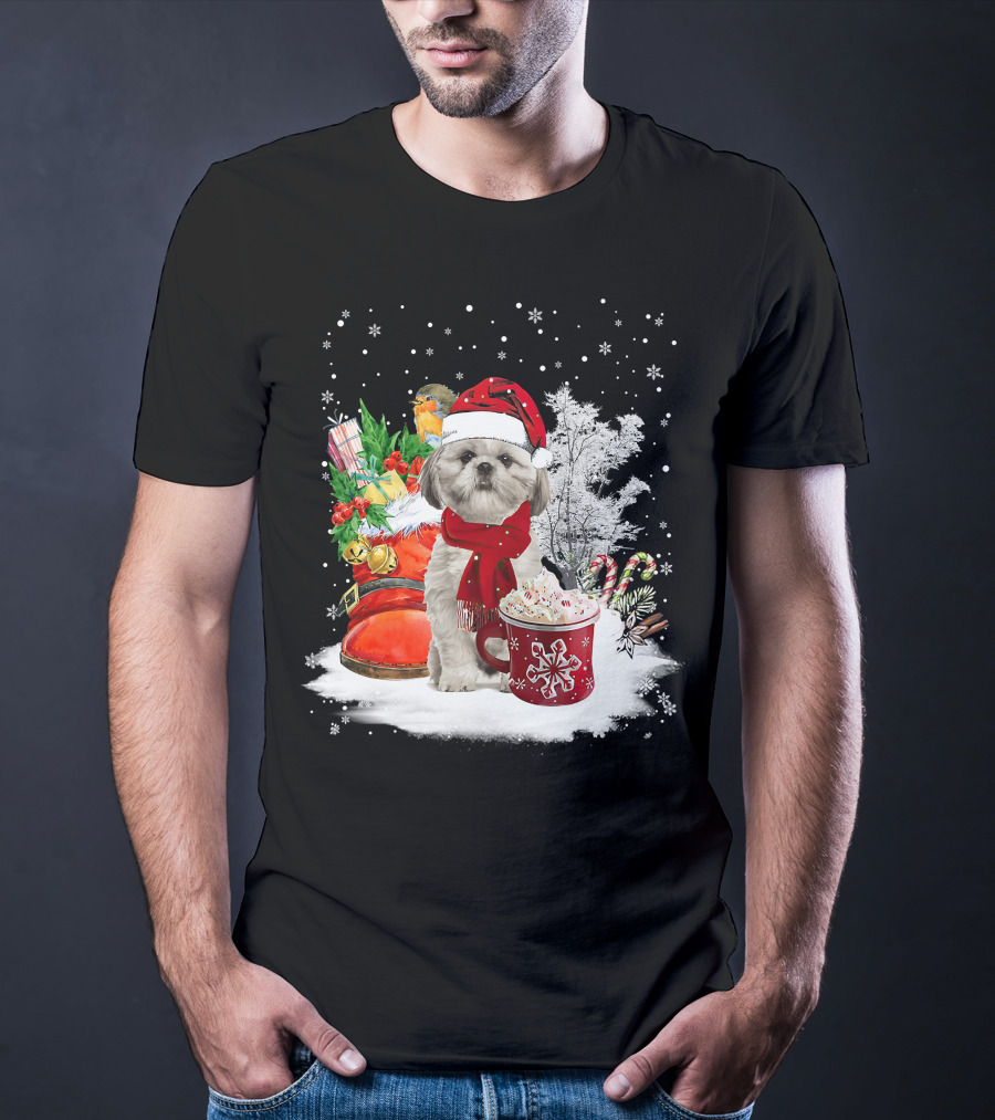 Shih Tzu Dog Santa Hat Hot Cocoa Christmas Scene T-Shirt