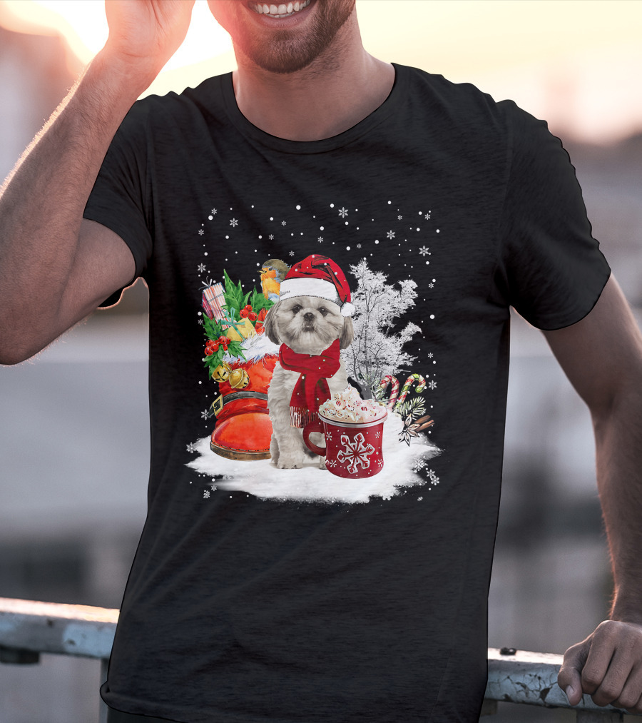 Shih Tzu Dog Santa Hat Hot Cocoa Christmas Scene T-Shirt