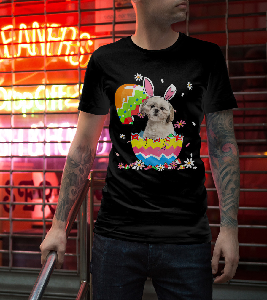 Shih Tzu Dog In Colorful Easter Egg With Bunny Ears And Flowers T-Shirt