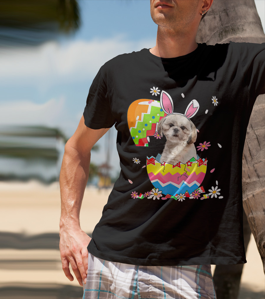 Shih Tzu Dog In Colorful Easter Egg With Bunny Ears And Flowers T-Shirt