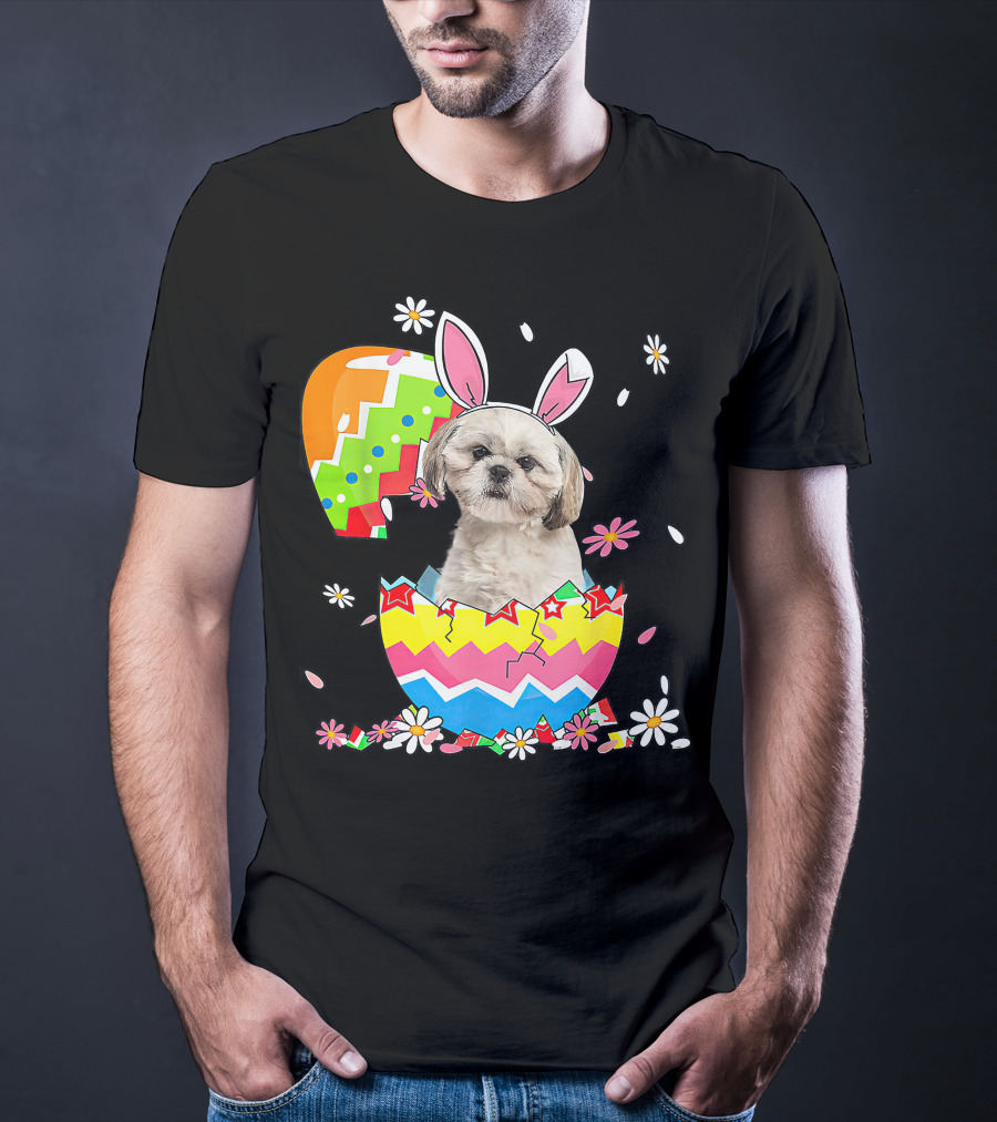 Shih Tzu Dog In Colorful Easter Egg With Bunny Ears And Flowers T-Shirt