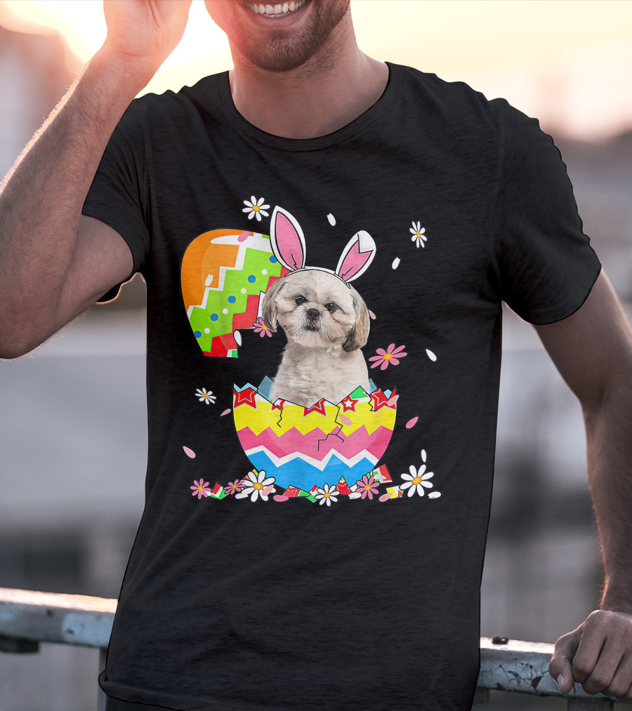 Shih Tzu Dog In Colorful Easter Egg With Bunny Ears And Flowers T-Shirt