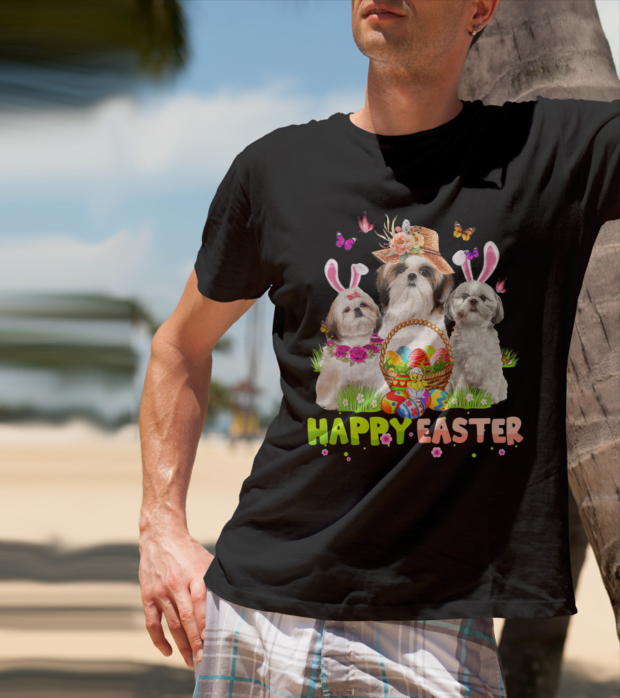 Happy Easter Shih Tzu Bunny Ears Basket Eggs Butterflies Flowers T-Shirt