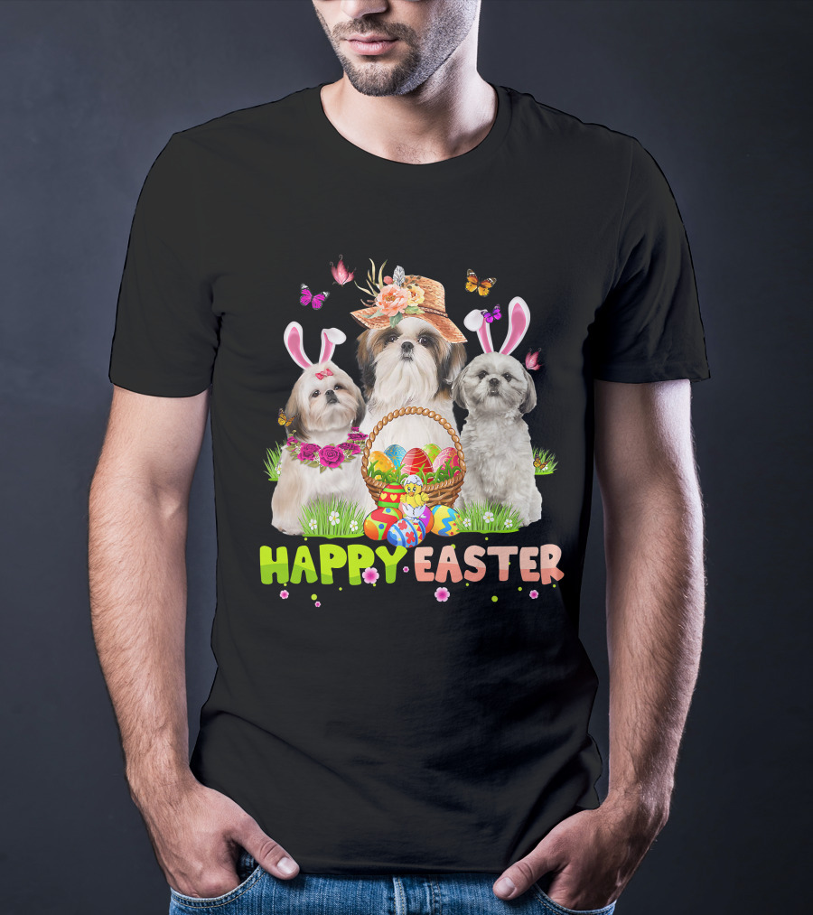 Happy Easter Shih Tzu Bunny Ears Basket Eggs Butterflies Flowers T-Shirt