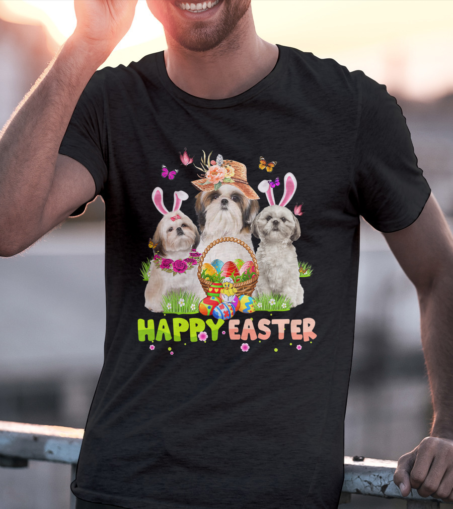 Happy Easter Shih Tzu Bunny Ears Basket Eggs Butterflies Flowers T-Shirt
