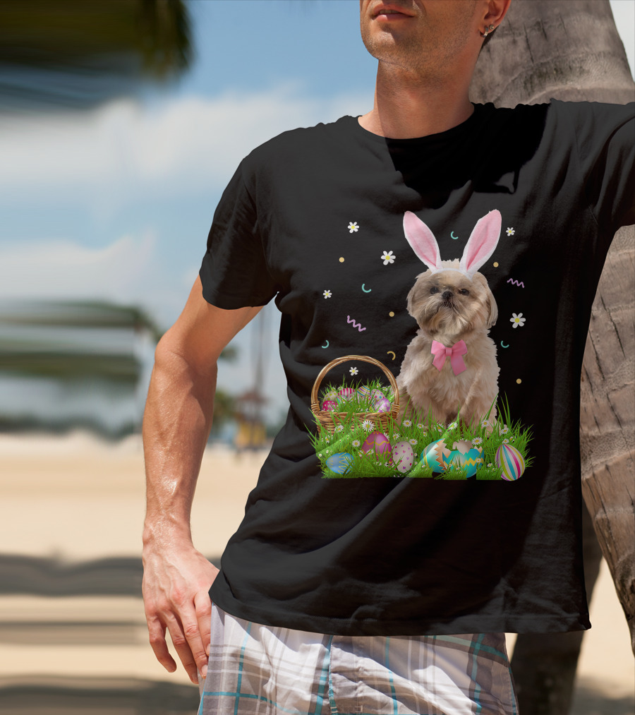 Shih Tzu Easter Day Bunny Ears And Colorful Eggs Easter98 T-Shirt