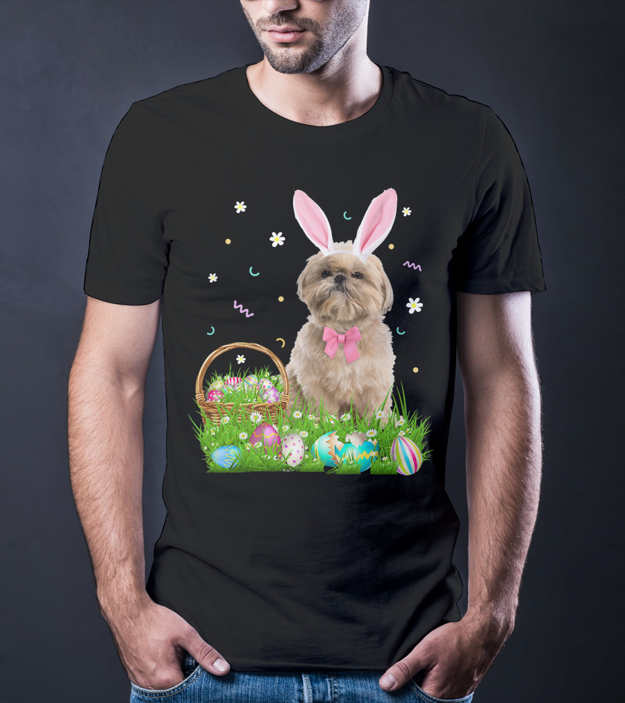 Shih Tzu Easter Day Bunny Ears And Colorful Eggs Easter98 T-Shirt