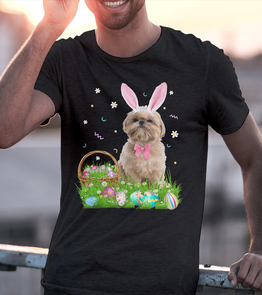 Shih Tzu Easter Day Bunny Ears And Colorful Eggs Easter98 T-Shirt