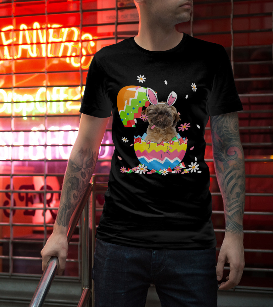 Cute Shih Tzu Easter Day Dog Dad Dog Mom With Bunny Ears And Colorful Egg T-Shirt