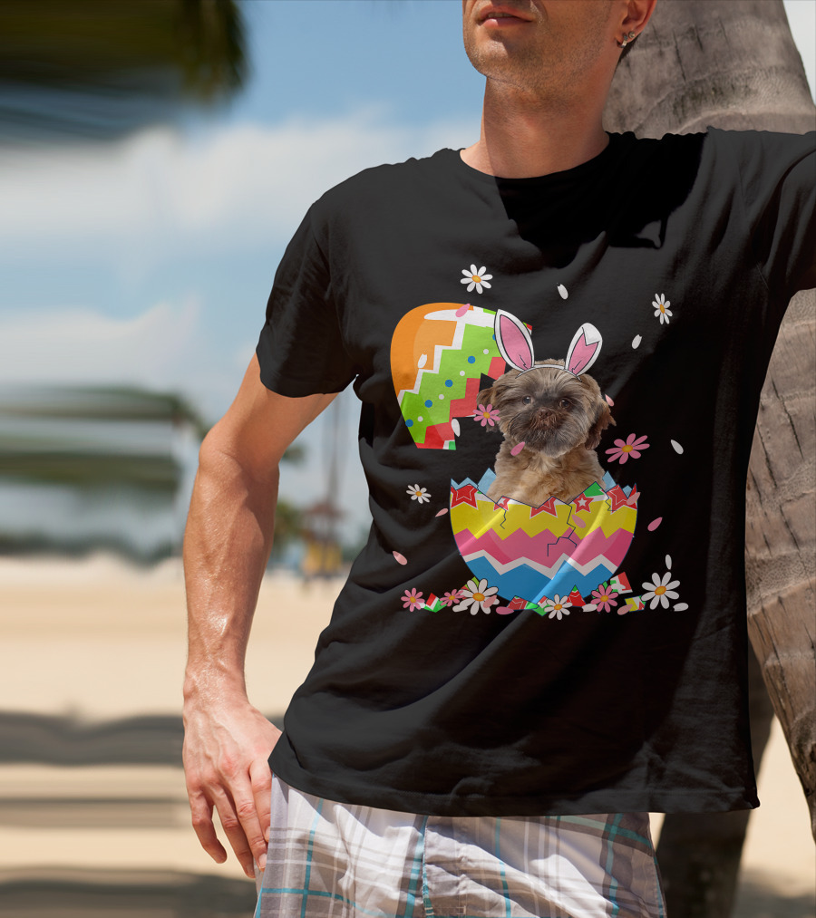 Cute Shih Tzu Easter Day Dog Dad Dog Mom With Bunny Ears And Colorful Egg T-Shirt