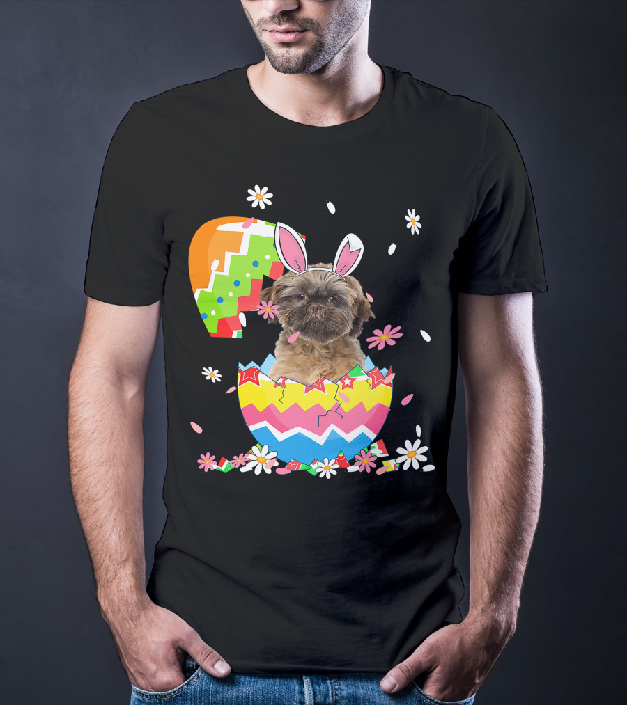 Cute Shih Tzu Easter Day Dog Dad Dog Mom With Bunny Ears And Colorful Egg T-Shirt