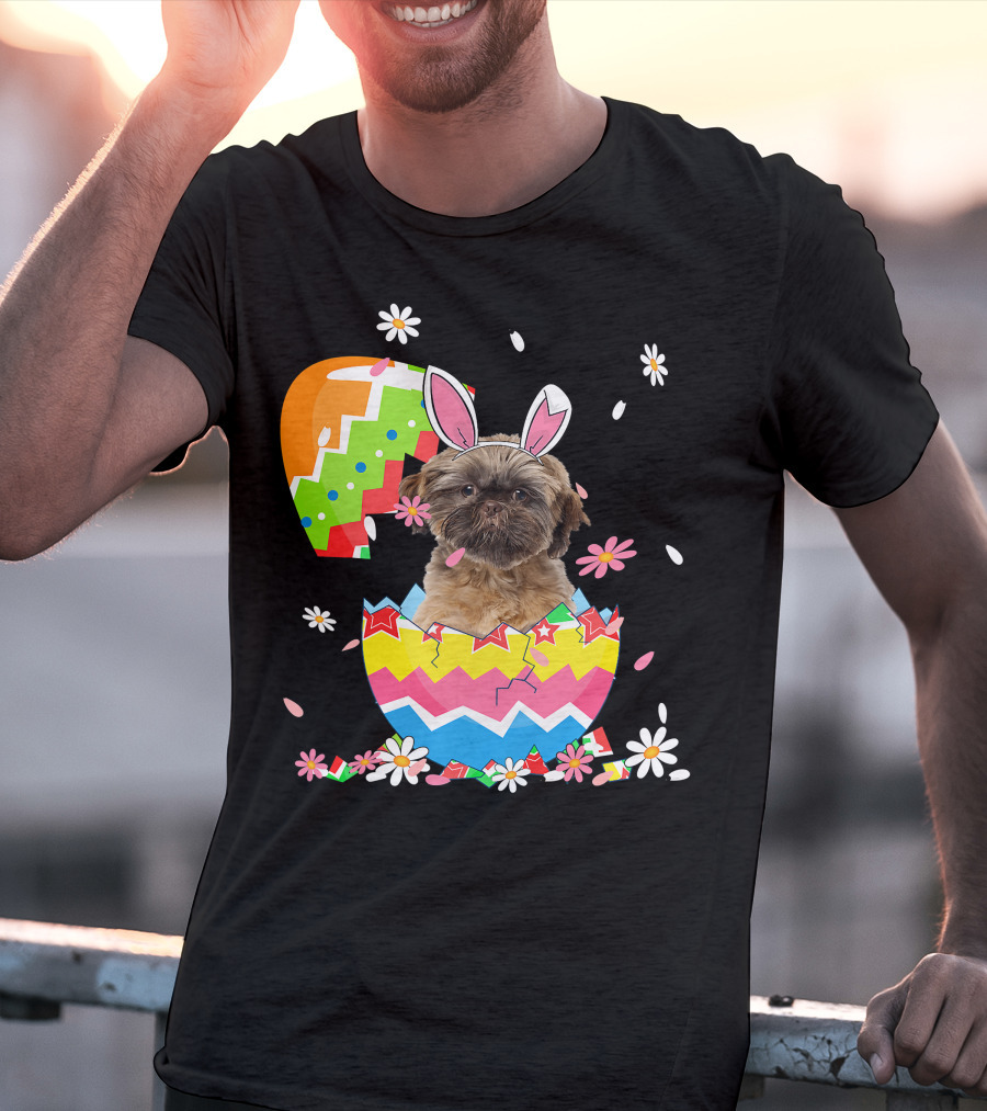 Cute Shih Tzu Easter Day Dog Dad Dog Mom With Bunny Ears And Colorful Egg T-Shirt