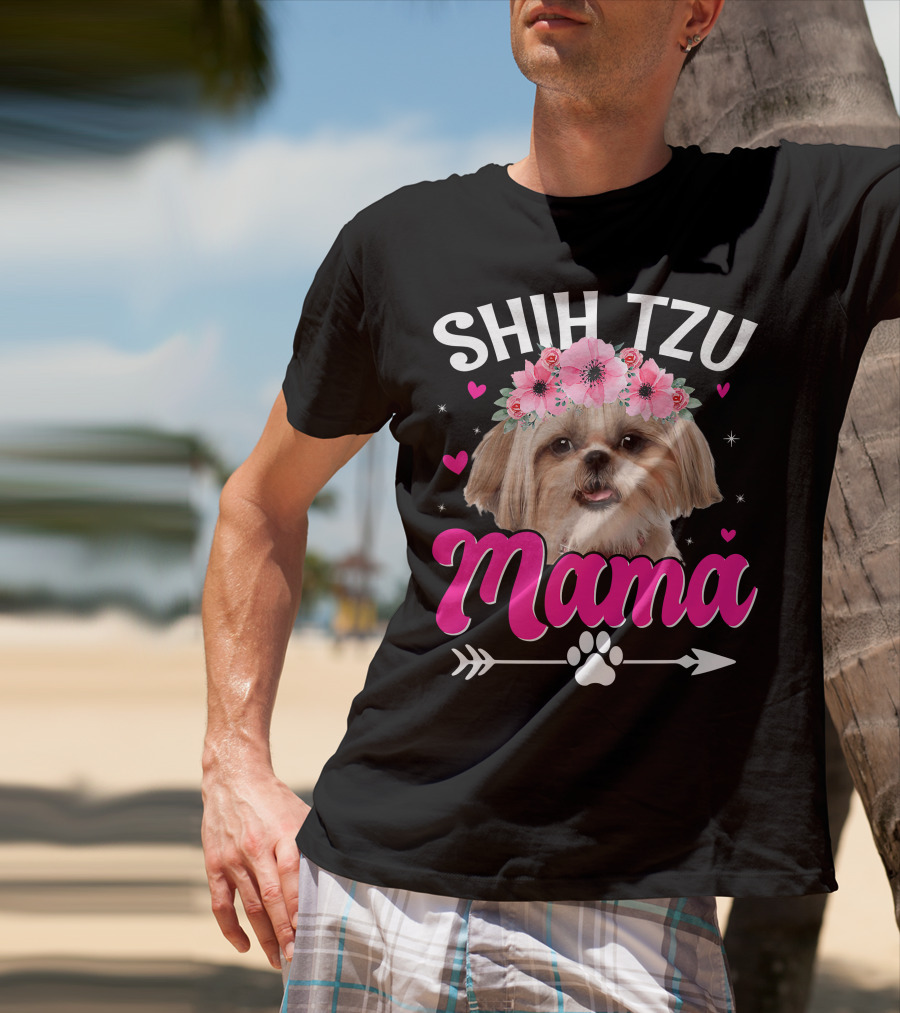 Shih Tzu Mama With Flower Crown Hearts T-Shirt