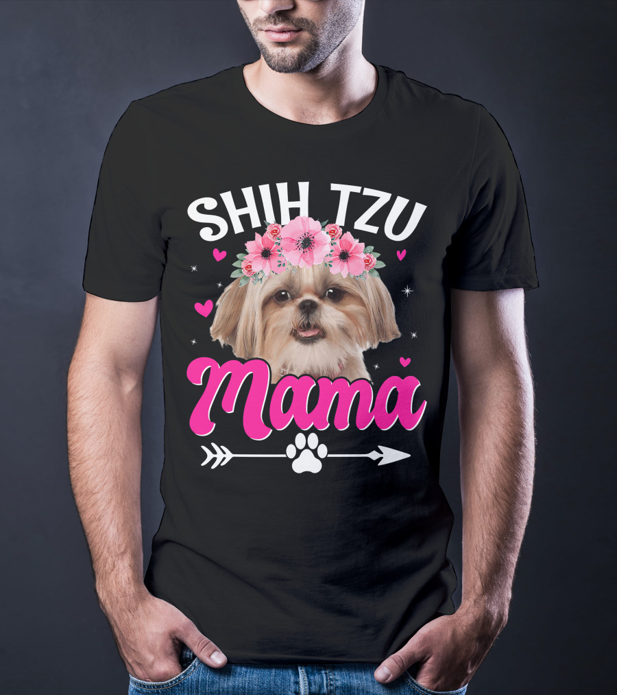 Shih Tzu Mama With Flower Crown Hearts T-Shirt