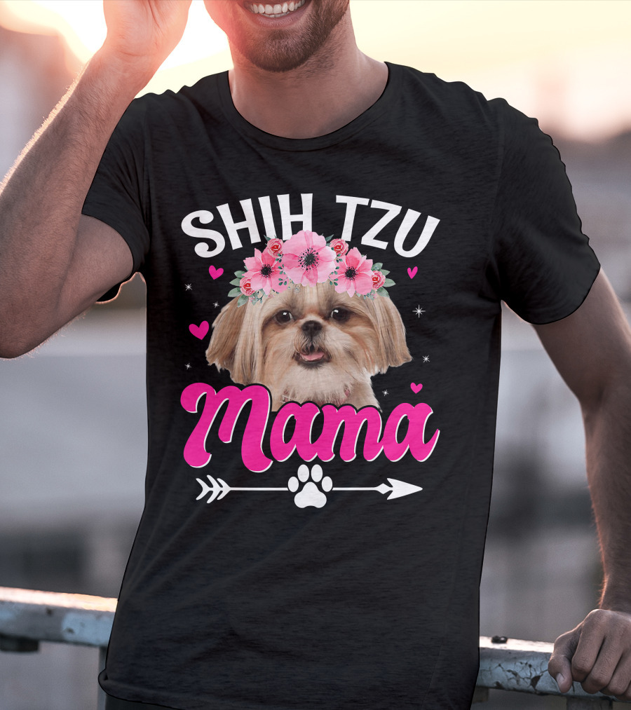 Shih Tzu Mama With Flower Crown Hearts T-Shirt