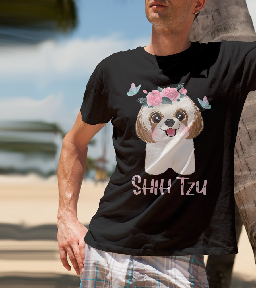 Cute Shih Tzu Mom Dad Mens Dog Lover Ladies Shih Tzu Roses Butterflies T-Shirt