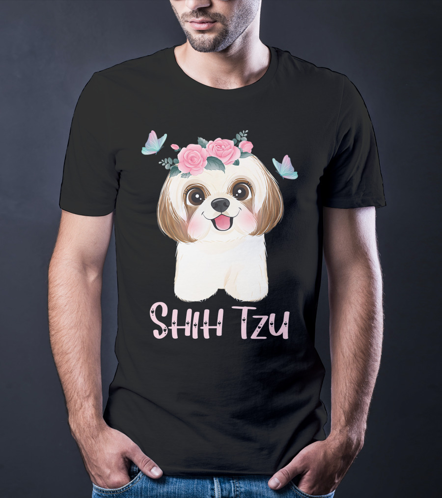 Cute Shih Tzu Mom Dad Mens Dog Lover Ladies Shih Tzu Roses Butterflies T-Shirt