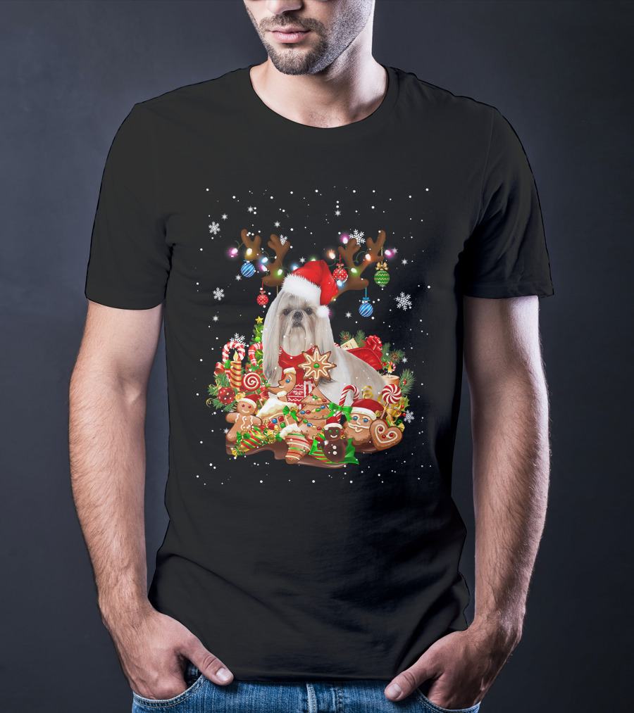 Cute Shih Tzu Reindeer Christmas Lighting Santa Xm Gingerbread Candy Cane Ornaments T-Shirt