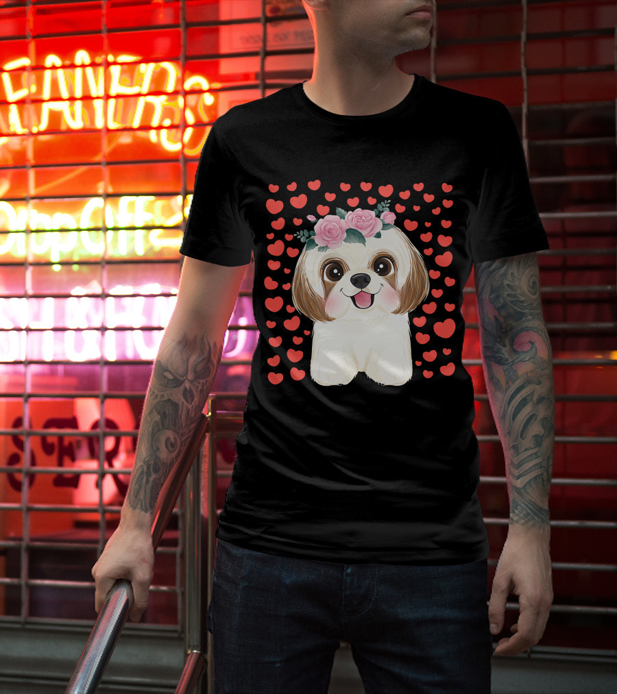 Cute Shih Tzu Valentine's Day Red Hearts Dog Flowers T-Shirt