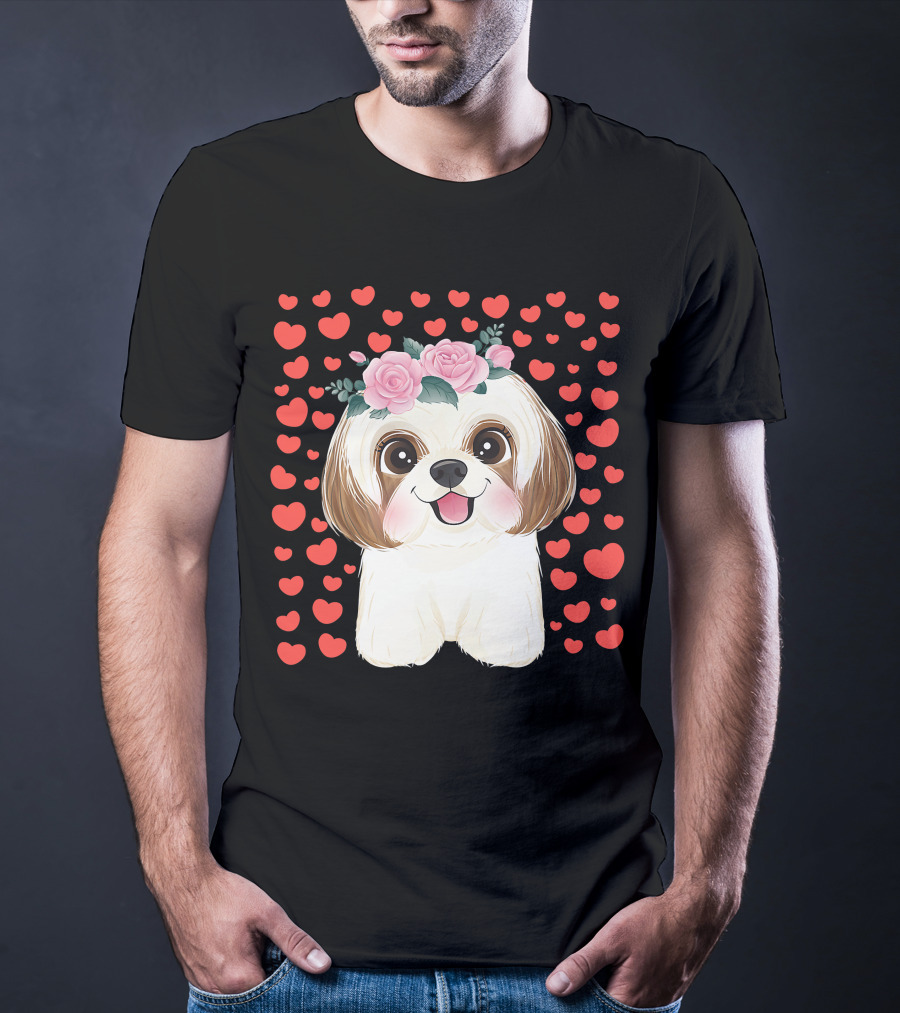 Cute Shih Tzu Valentine's Day Red Hearts Dog Flowers T-Shirt
