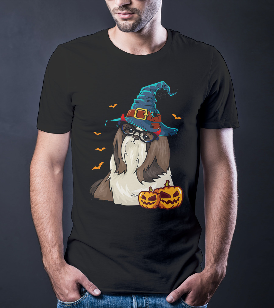 Cute Shih Tzu Glasses Witch Hat Halloween Pumpkins Bats T-Shirt