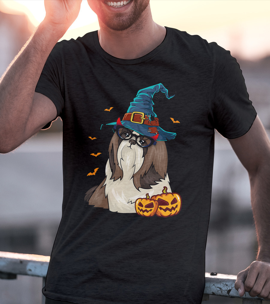 Cute Shih Tzu Glasses Witch Hat Halloween Pumpkins Bats T-Shirt
