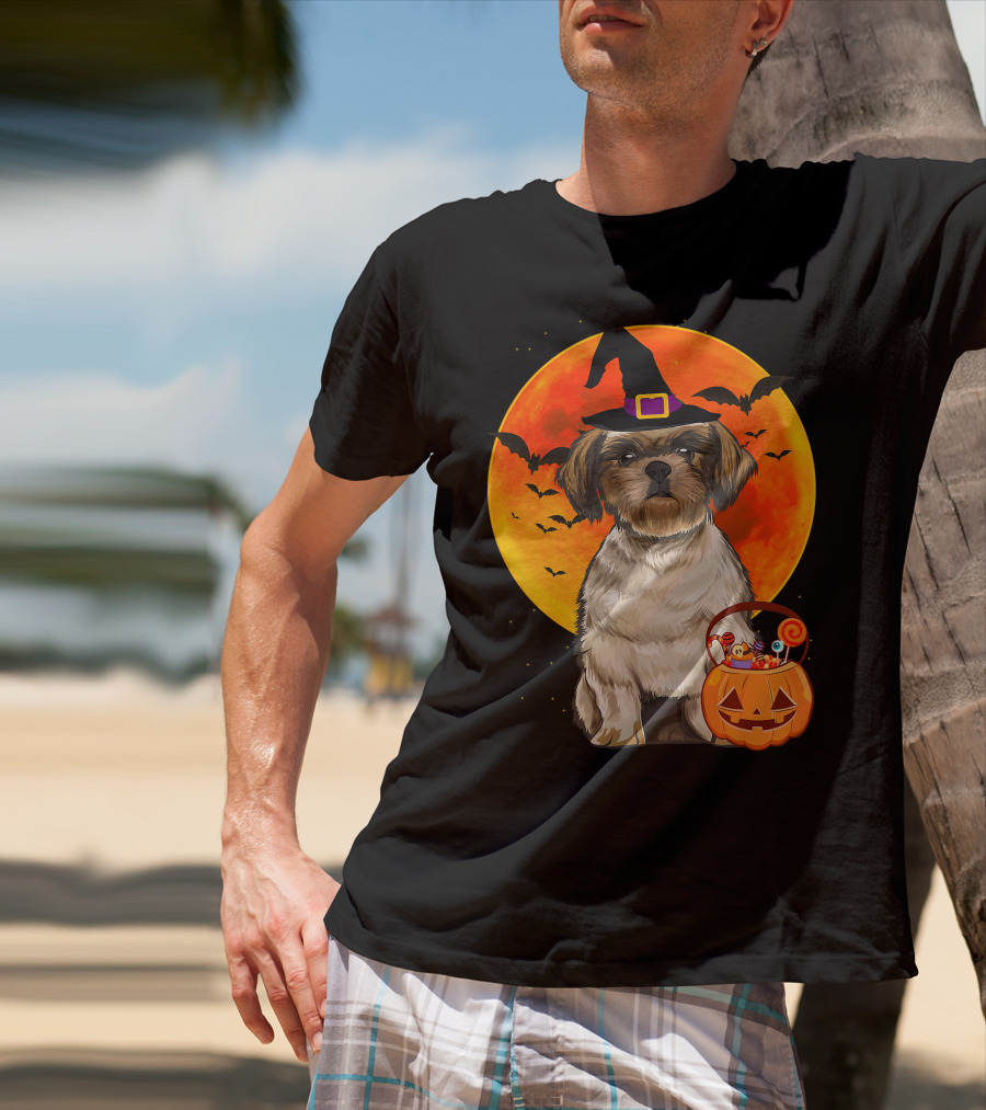Shih Tzu Dog Halloween Jack O Lantern Pumpkin With Bats And Witch Hat T-Shirt