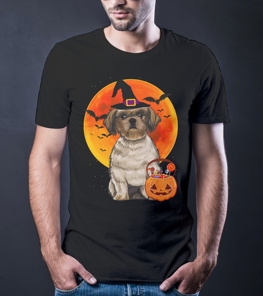 Shih Tzu Dog Halloween Jack O Lantern Pumpkin With Bats And Witch Hat T-Shirt