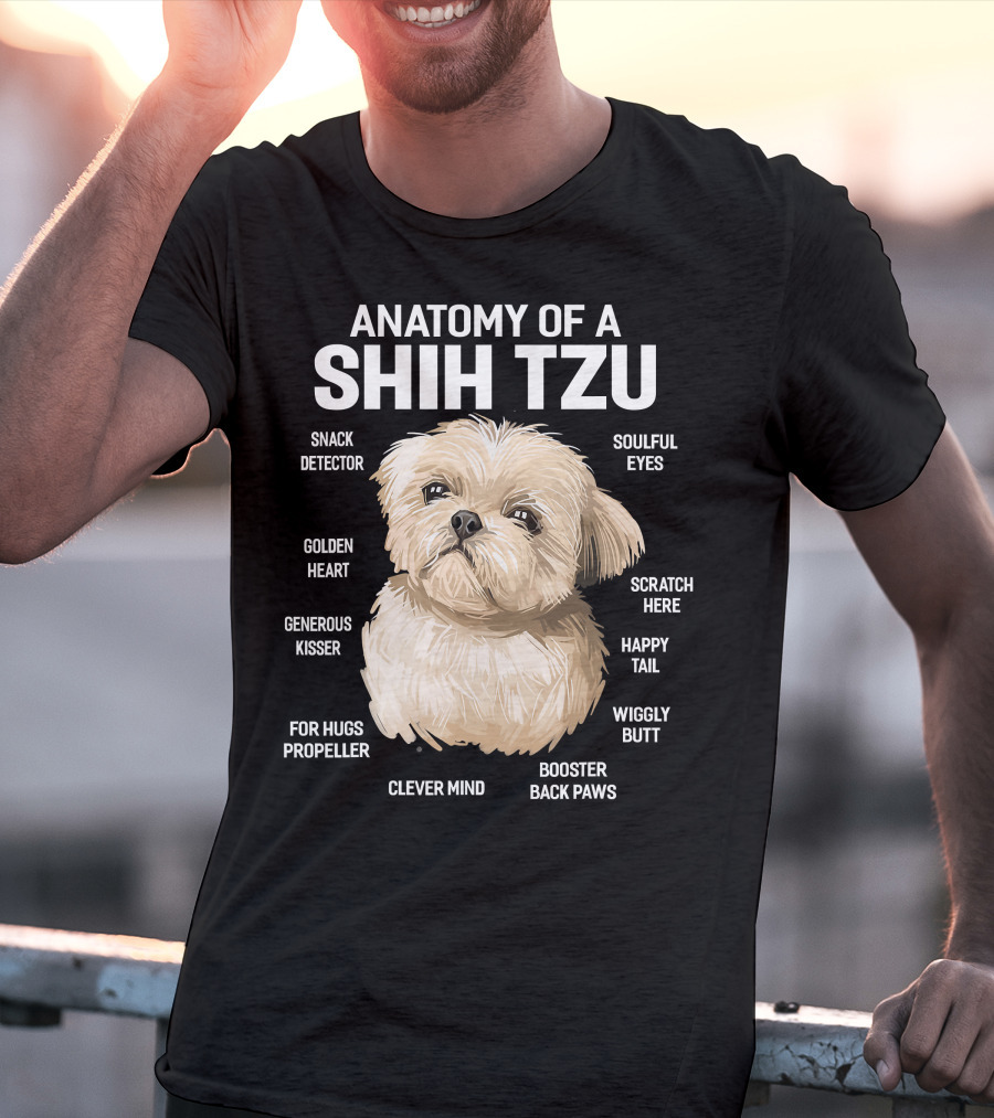 Anatomy Of A Shih Tzu Dog 365 Fluff Button Snowball Feature Cuddle Zone Pillow Tail Black Button Sniffer Ears Pom Pom Paws Wookie Chewbacca Eyes T-Shirt