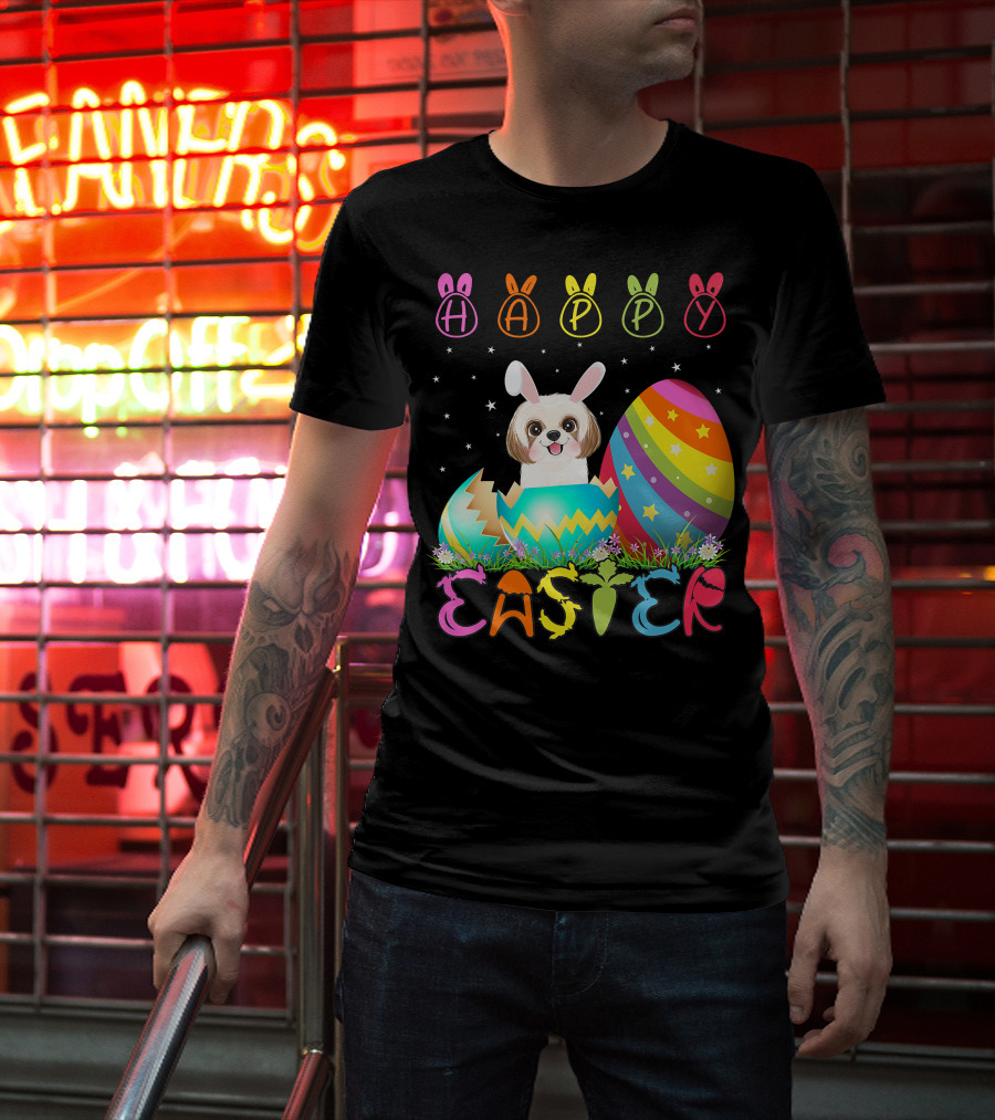 Happy Easter Day Shih Tzu Dog In Colorful Egg Matching T-Shirt
