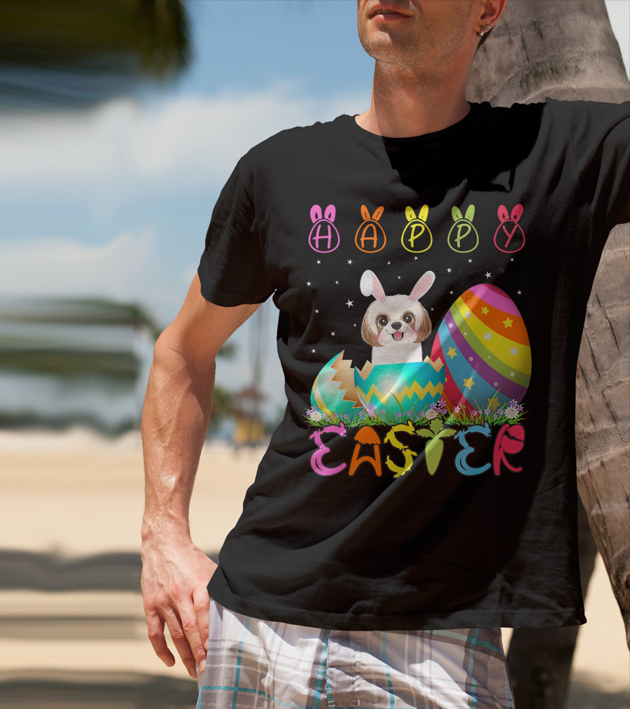 Happy Easter Day Shih Tzu Dog In Colorful Egg Matching T-Shirt
