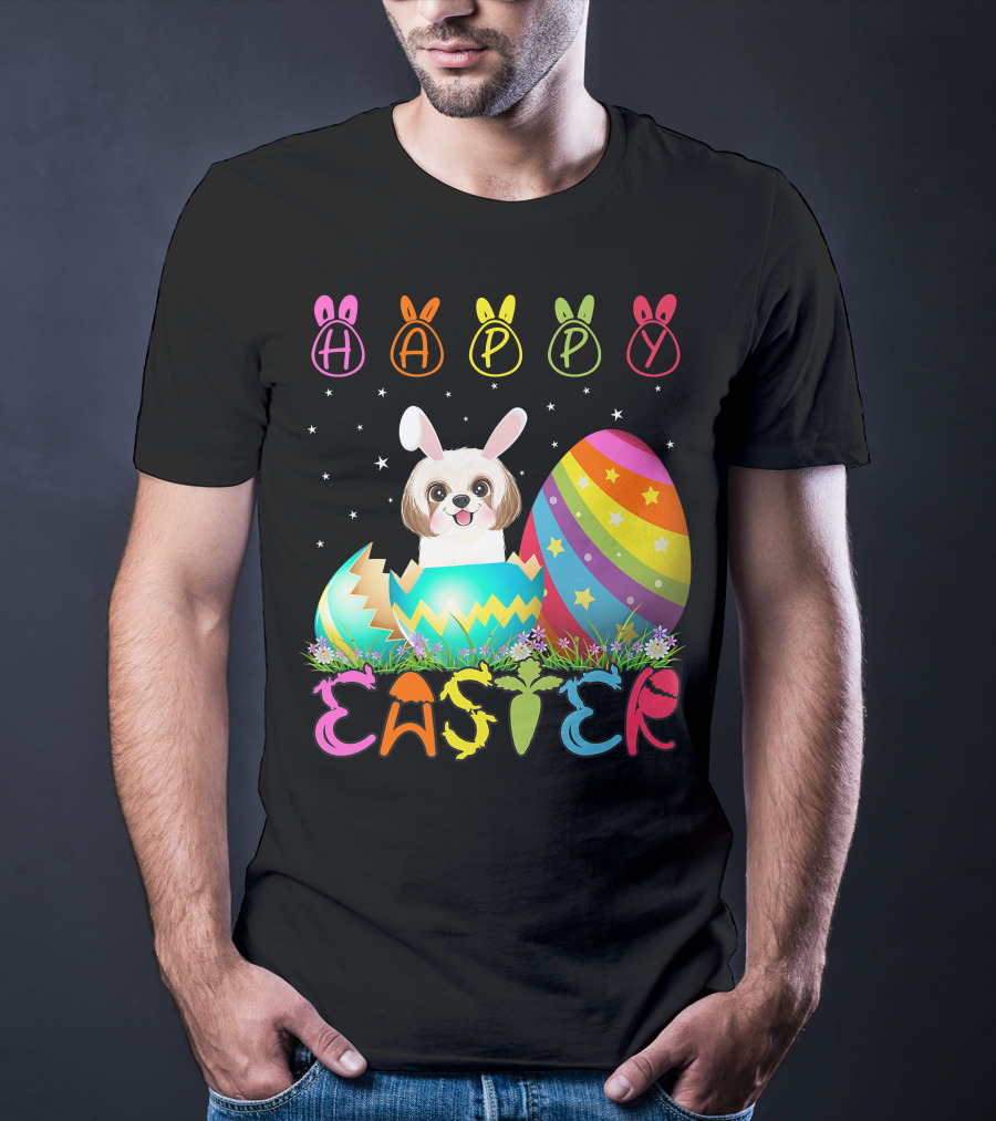 Happy Easter Day Shih Tzu Dog In Colorful Egg Matching T-Shirt